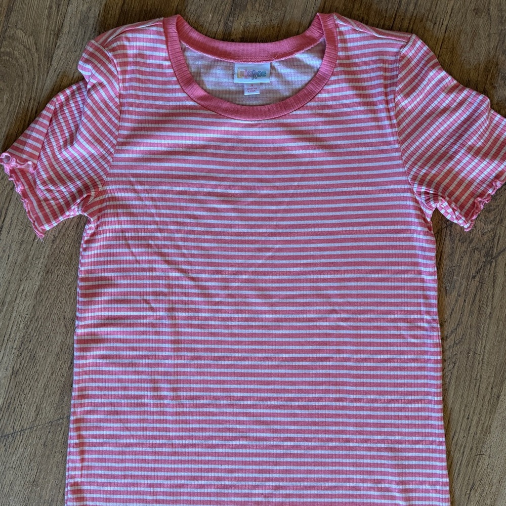 LulaRoe, Kelly top, stripe, pink/coral & white, small